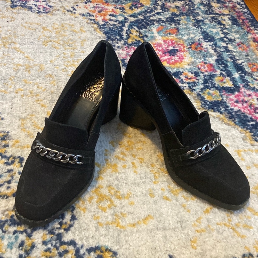 Black chunky heel loafers